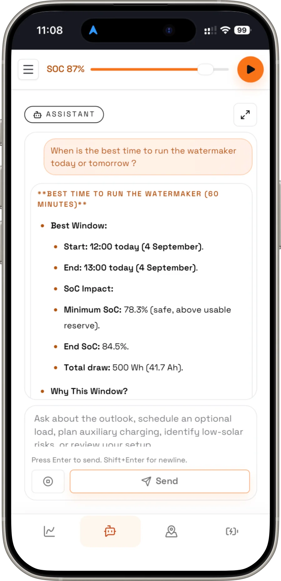 HelioHelm assistant suggesting a time to run a watermaker and showing the forecast battery impact