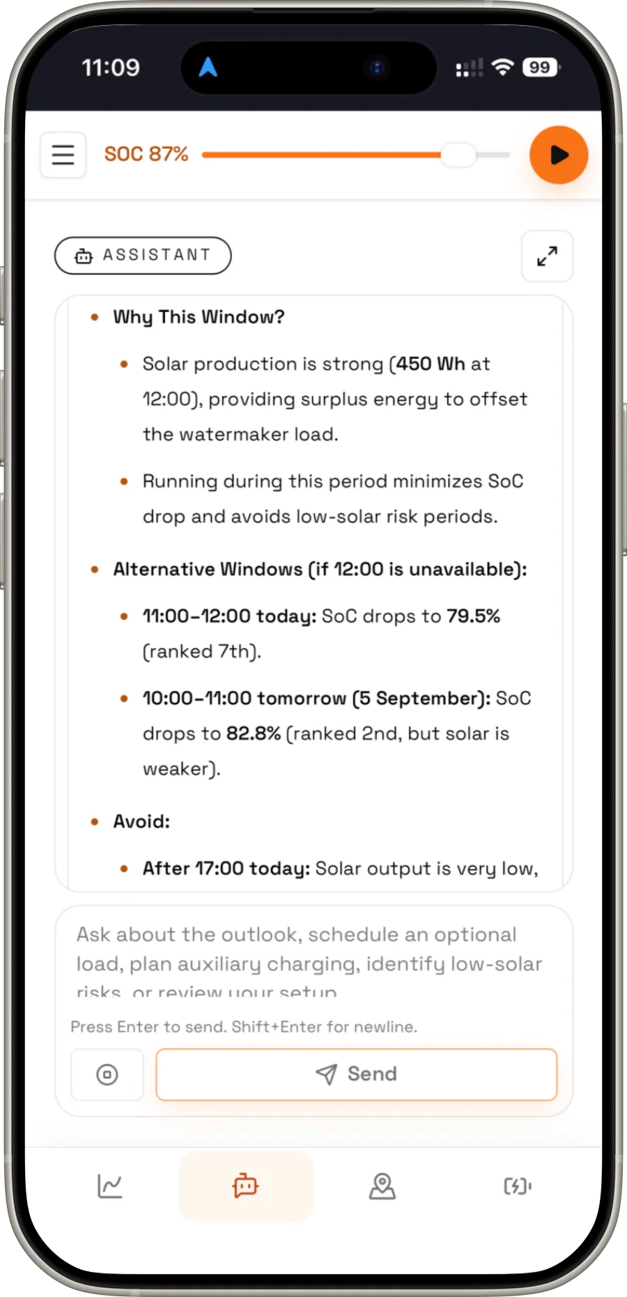 HelioHelm assistant explaining the solar forecast behind its recommendation and comparing alternative time windows